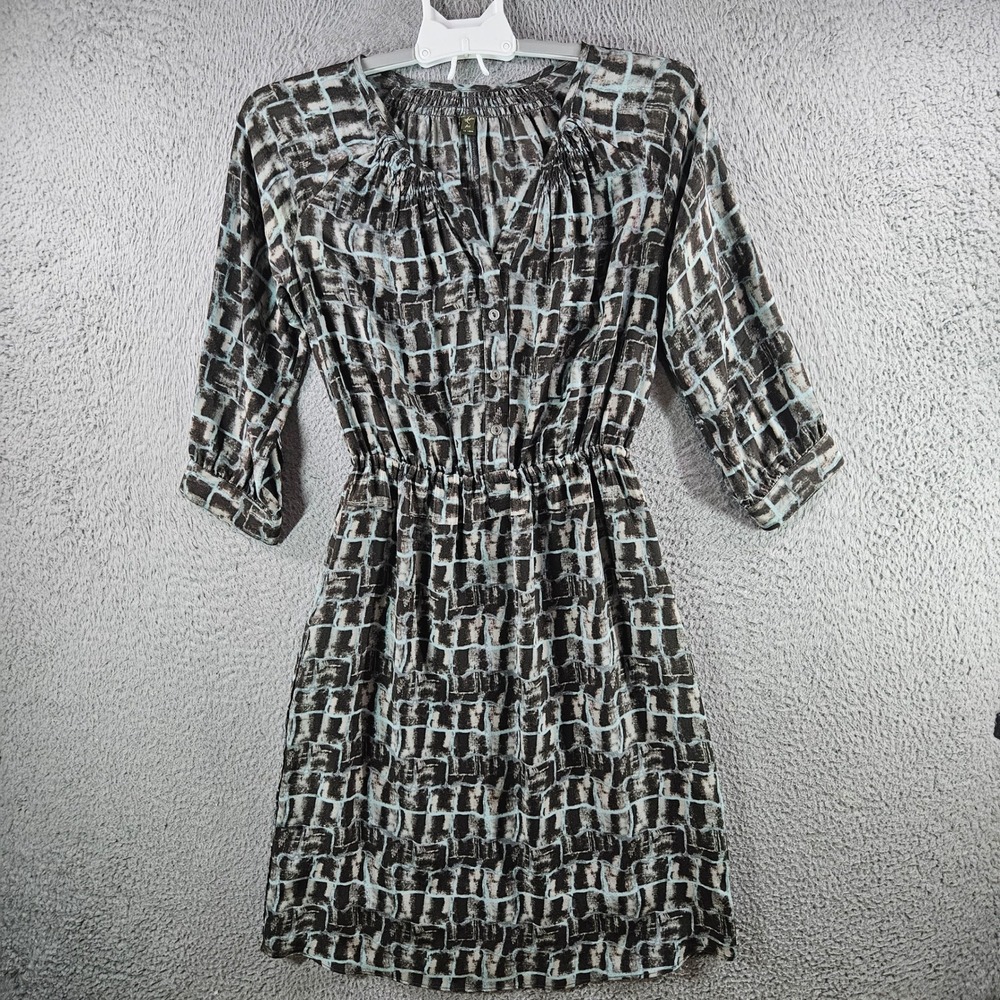 Fei Anthropologie 100% Silk Abstract Geometric Print Dress XS Brown Blue Mini